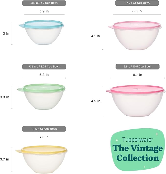 Tupperware Heritage Wonderlier 10 Piece Food Storage Bowl Set in Vintage Colors, Dishwasher Safe and BPA Free (5 Containers, 5 Lids)