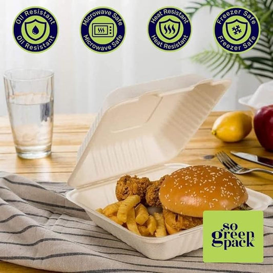 50 Packs Disposable 8x8 Clamshell Take-Out Container Compostable Biodegradable Bagasse & Eco-friendly To Go Container for Food