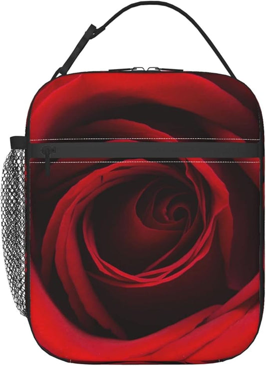 YETTA YANG Valentine's Day Cute Red Rose Flower Floral Portable Lunch Bag Insulated Lunch Box Reusable Totes For Women Men Work Picnic Camping