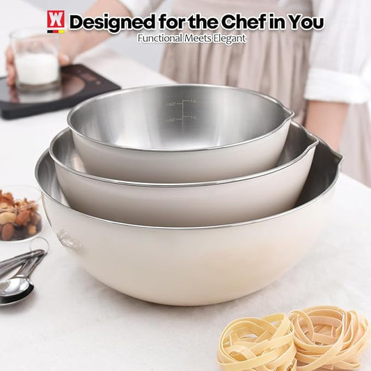 3-Piece Stainless Steel Mixing Bowl Set, Classic Beige Color, Nesting Bowls with Pure Spout, Multipurpose Kitchen Basket /1.56Quarts/3.17Quarts/4.23Quarts (Classic Beige)