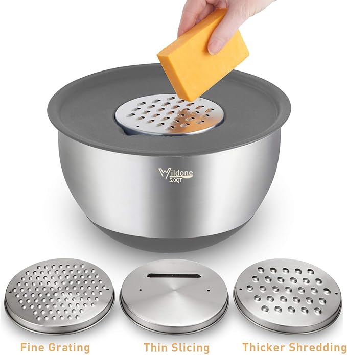 Wildone Mixing Bowls with Lids Set, 5PCS Stainless Steel Grey Nesting Bowls with 3 Grater Attachments, Measurement Marks & Non-Slip Bottoms, Size 5, 3, 2, 1.5, 0.63 QT, Great for Mixing & Serving