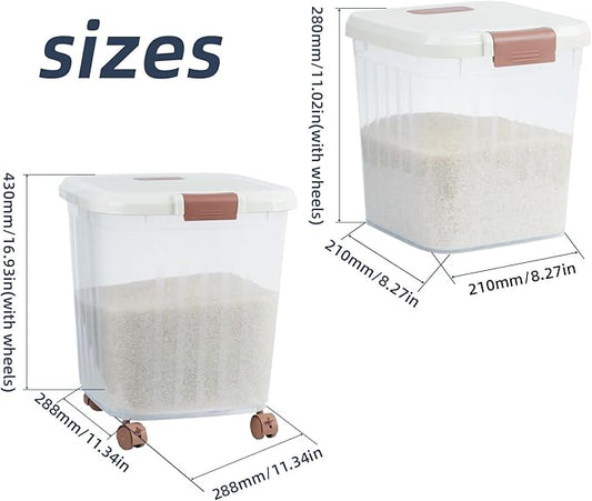 2PCS Airtight Flour Sugar Storage Containers with Lids, Easy to Move, Plastic Rice Cereal Grain Pet Food Bin with Wheels for Kitchen Pantry Organization (20lbs & 50lbs)