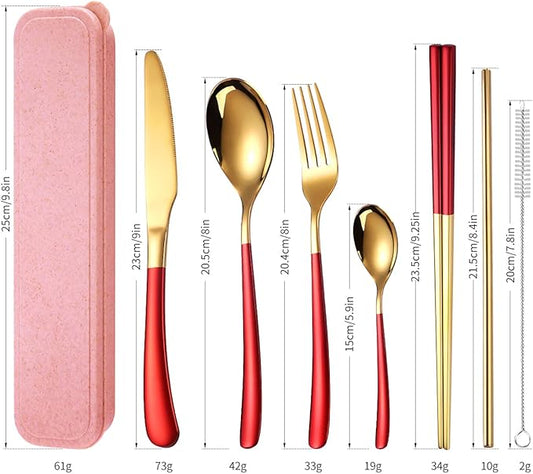 AARAINBOW 6 Pieces Stainless Steel Flatware Set Portable Reusable Cutlery Set Travel Utensils Set Including Chopsticks Knife Fork Spoon Straws Cleaning Brush Dishwasher Safe (7 Red Golden)