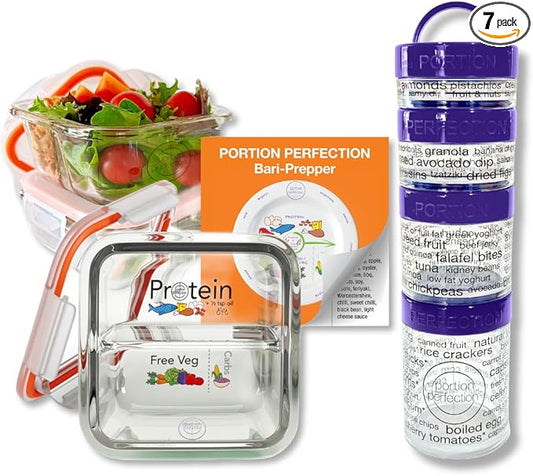 Bariatric Portion Control - Meal Prep Glass Containers 3pk with 100 Cal Snack Container Set, Practical Meal Prep, Gastric Sleeve, Bypass or Band with Protein, Carbs & Veg