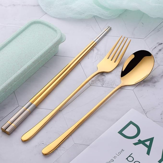 3 PCS Stainless Steel Travel Camping Flatware Set Fork Spoon Chopsticks with Portable Case, Gold