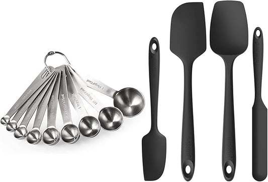 U-Taste 18/8 Stainless Steel Measuring Spoons Set for Dry and Liquid Ingredients, and Upgraded 600ºF High Resistant Flexible and Sturdy Silicone Spatula Set of 4 (Black)