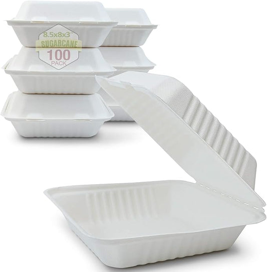 Green Earth 8-Inch, 100-Count, 1-Compartment, Compostable Clamshell, Natural Bagasse, Take-Out/to-Go Boxes - Biodegradable Containers