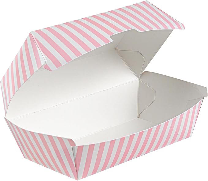 Restaurantware Bio Tek 6.7 x 3.5 x 3.5 Inch Clamshell Food Containers 100 Disposable Sandwich Containers - Hinged Lid Tab-Lock Closure Pink And White Paper Hot Dog Containers Greaseproof