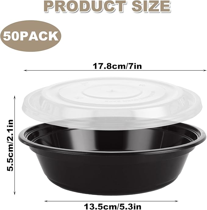 50 Pack Meal Prep Containers with Lids, 24 Oz Meal Prep Bowls with Lids, Reusable Plastic Food Storage Containers, Stackable To Go Containers Microwave, Freezer, Dishwasher Safe, Round
