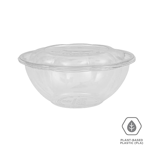 ECO PRODUCTS Compostable Clear PLA Plastic 24oz Salad Bowl With Lid, Pack of 50, Grab 'n' Go Round Cold Takeout Food Containers, Renewable Plant-Based, Disposable, ASTM Compliant, BPI-Certified