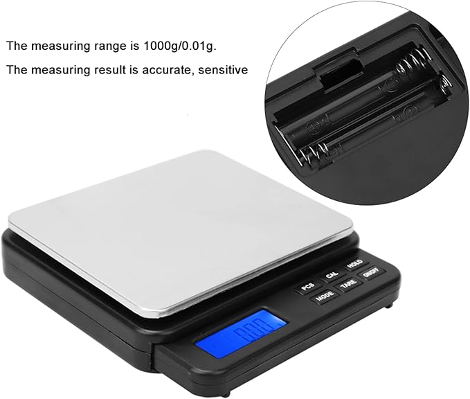 Digital Scale with 0.01 Gram Accuracy, Compact Kitchen Scale, 1000/0.01 Mini Gram Weight Scale, Blue Backlit Display, Automatic Shutdown Protection(black)