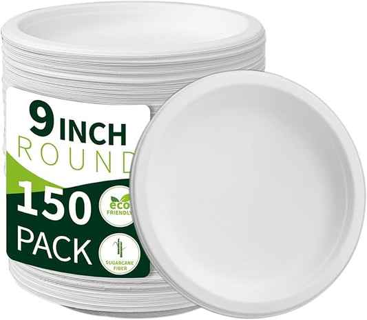 150 Pieces 100% Compostable Paper Plates (White 9"") Heavy Duty Disposable Plates Eco Plates Made of Sugarcane Fiber Biodegradable Plates for Everyday Dinner, Party, Barbecue, XS-YP09
