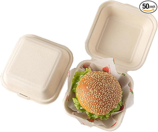 Dhaey HGX Food Storage Container, Biodegradable, Grease-Proof 6x6 Clamshell Small Togo Containers, Small Take Out Boxes 50pk. Disposable, Microwavable Take Out Container With Hinged Lid