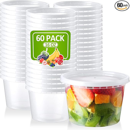 16 Oz Deli-Containers-with-Lids - 60 Set Plastic Food-Storage-Containers-with-Lids, Microwaveable & Freezer Safe To-Go-Containers, Leak-proof Soup Overnight Oats Meal-Prep-Containers