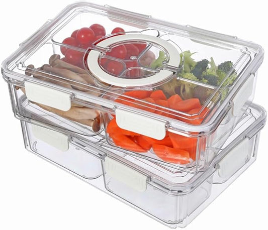 2PCS Divided Serving Tray with Lid & Handle, 4 Compartment Removable Snack Box, Kitchen Organizers and Storage, Snackle Box Container, BPA-Free Fruit Storage Container for Berry, Snack, Candy, Nuts…