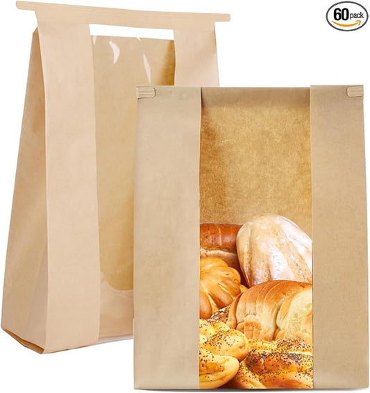 60 Pack Bread Bags for Homemade Bread Sourdough Bread Bags with Tin Strip Large Bakery Bags with Window Paper Bread bags, Yellow