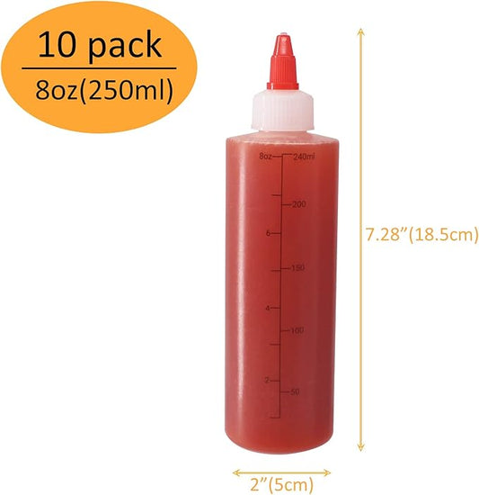 10 Pack 8 oz Graduated Plastic Squeeze Squirt Condiment Bottles with Red Twist On Cap Lids - for Condiments, Oil, Icing, Liquids–with Extra 1 Silicone Funnel, 18 Chalk Labels and 1 Pen