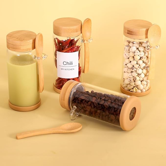 SAIOOL 4 Pack Glass Storage Containers with Bamboo Lids and Spoon,Overnight Oats Containers with Lids,with Anti Slip Silicone Base,Seasoning Organizer,Spice Jars (Bamboo 11.8OZ*4)