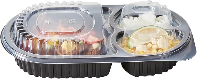 Restaurantware RW Base 19 Ounce Meal Prep Containers, 100 Microwavable To Go Containers With Lids - 3 Compartments, Disposable, Black Plastic Oval Food Containers, For Hot And Cold Food, Freezable