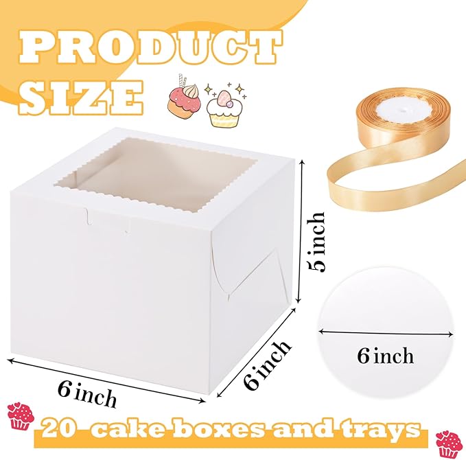 KPOSIYA 40pcs 6x6x5 inch Mini Cake Boxes with Cake Boards (20 Boxes & 20 Boards), 6 inch Small Cake Boxes with Lids，Cajas de mini pastel Bakery Boxes with Window for Christmas Thanksgiving