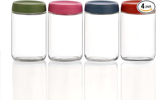 18 OZ Glass Food Jar Storage Containers with Airtight Lids, Reusable Wide Mouth Overnight Oats Glass Mason Jars for Snacks Yogurt Pudding(Multicolor 4pack-1)