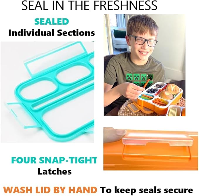 kinsho Bento Box for Kids, Lunch Boxes Snack Containers with 6 Compartments for School, Boy Girl Adults Leakproof BPA Free Teal + Orange 2 pack set