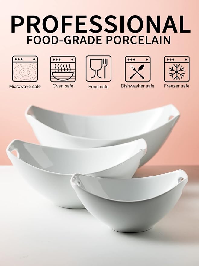 Gomakren Serving Bowls with Handles, Serving Dishes, Porcelain Salad Bowls Mixing Bowl for Entertaining, Nesting Bowl Set of 3, Microwave Dishwasher Safe, 15/28/47 oz, White