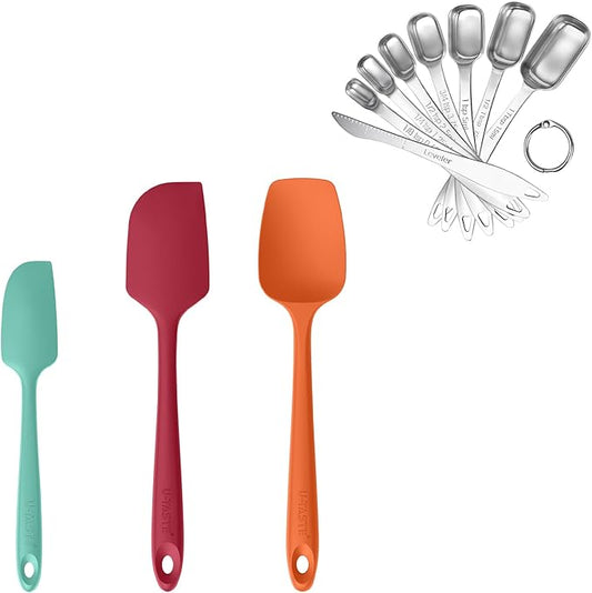 U-Taste 600ºF Heat Resistant Food Grade Silicone Spatula Set of 3, and 18/8 Stainless Steel Square Measuring Spoons Set of 8 (Color+Silver)