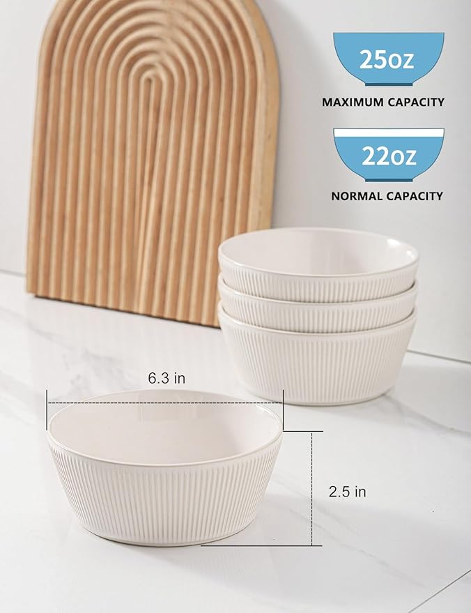 UBEE Ceramic Soup Bowls Set of 4, 6.3 inch Cereal Bowls, Microwave Safe Serving Bowls for Oatmeal, Soup, Pasta, Ramen, Dessert, Fruit, For Breakfast, Lunch and Dinner, White