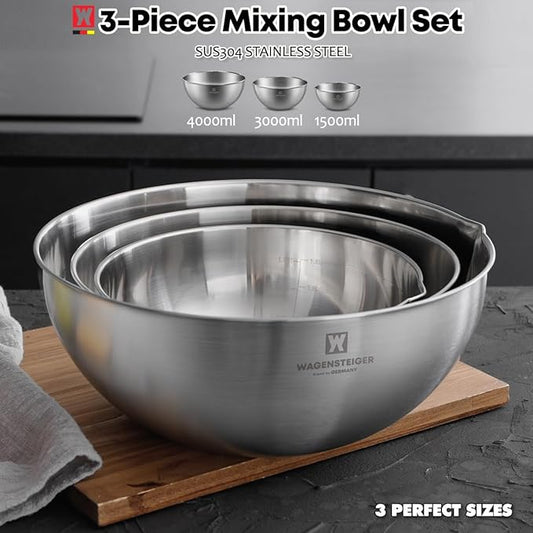 3-Piece Stainless Steel Mixing Bowl Set, Silver Color, Nesting Bowls with Pure Spout, Multipurpose Kitchen Basket, 1.56Quarts/3.17Quarts/4.23Quarts (No Color Added)