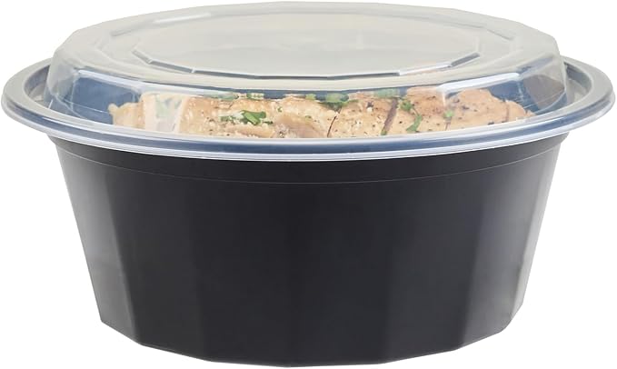 Restaurantware Asporto 32 Ounce To Go Boxes 100 Microwavable Take Out Food Containers - Clear Plastic Lids Included Do Not Contain BPA Black Plastic Catering Food Containers Disposable Round