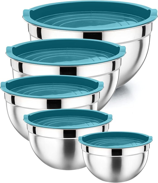 P&P CHEF Mixing Bowl with Lid Set of 5, 10-Piece Stainless Steel Nesting Salad Bowl Set for Prepping, Mixing and Serving, Size 4.6, 3, 1.5, 1, 0.7 QT, Rimmed Edges & Flat Base, Blue