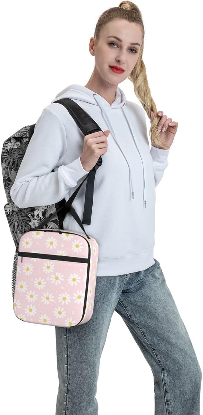 Pink Daisy Flower Insulated Lunch Bag Kids,Kids Lunch Box for Girls Boys,Bento Lunch Box Cooler Bag with Front Pocket for Women Men,Cute Lunch Tote Bag Lunchbox for Work/Office/School/Picnic