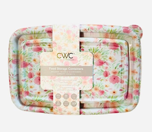 COOK WITH COLOR 20 PIECE PLASTIC RECTANGULAR FOOD CONTAINERS, 10 LIDS & 10 CONTAINERS CAPACITY 33.8 OZ (1L) 9 X 6 X 2 (CORAL FLOWERS)