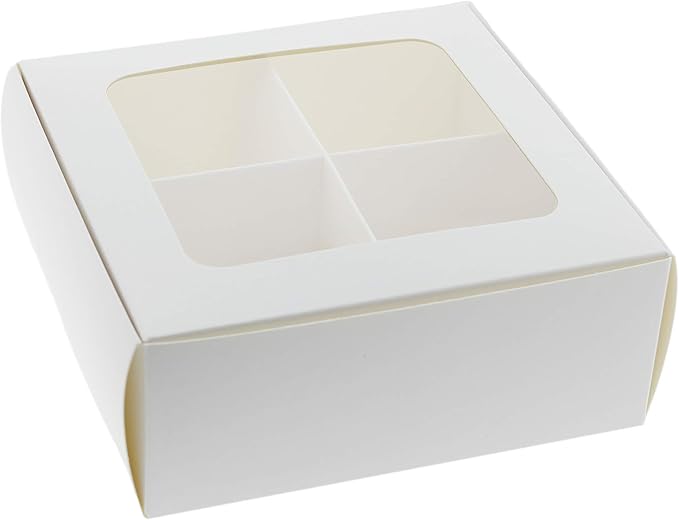 Treat boxes with window and dividers | 4 MEDIUM compartments | 6 x 6 x 2.4 in | Valentine treat boxes, baked goods packaging, box for cookies, pastry packaging | 24-pack (White)
