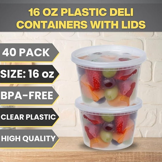 Smygoods 16oz Plastic Deli Containers with Lids - 40 Count, Stackable, BPA Free, Clear.