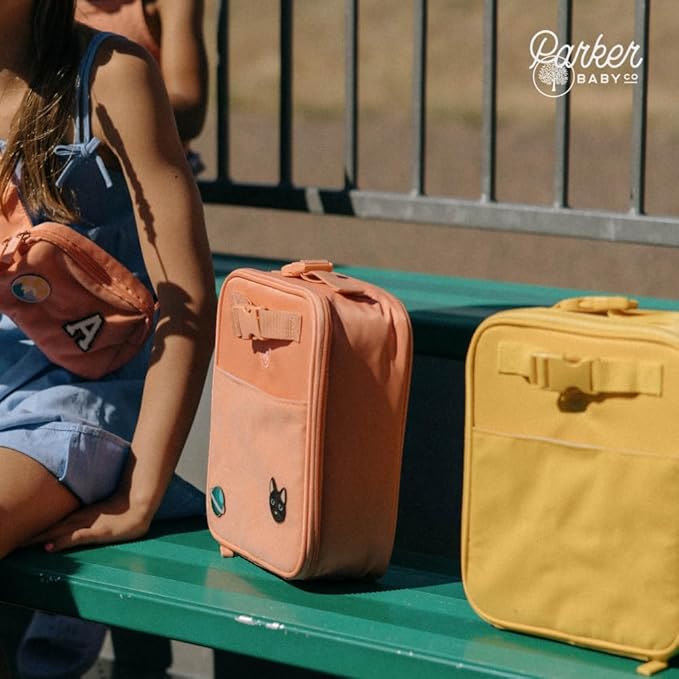Parker Kids Insulated Waterproof Lunch Box for Children - Customizable Lunch Bag with Durable Hook and Loop Patches, Easy-Open Zippers, Water Bottle Buckle - Canary