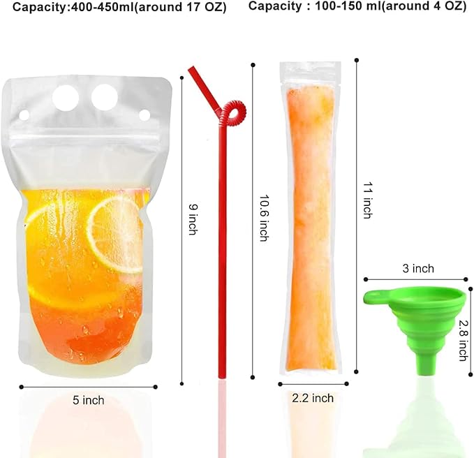 100 Pcs Drink Pouches with 100 Straws, Juice Pouches with 30Pcs Disposable Freezable Ice Popsicle Mold Bags, Drink Pouches for Adults and Kids, Clear Pouch for Cold & Hot Drinks (100Pcs)