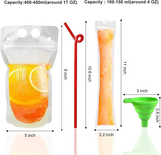 100 Pcs Drink Pouches with 100 Straws, Juice Pouches with 30Pcs Disposable Freezable Ice Popsicle Mold Bags, Drink Pouches for Adults and Kids, Clear Pouch for Cold & Hot Drinks (100Pcs)