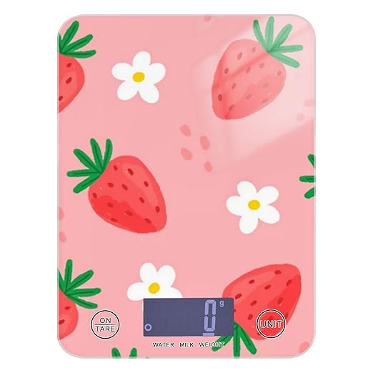 Food Scale Kitchen Digital Scale Food Ounces and Grams Dieting Baking Cooking Waterproof Glass Panels LCD Display,4 Units Scale Tare Function Strawberry