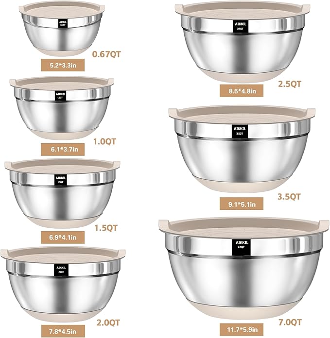 Mixing Bowls with Airtight Lids, 20 piece Stainless Steel Metal Nesting Bowls, Non-Slip Silicone Bottom, Size 7, 3.5, 2.5, 2.0,1.5, 1,0.67QT Great for Mixing, Baking, Serving (Khaki)