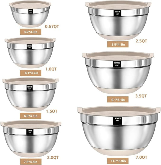 Mixing Bowls with Airtight Lids, 20 piece Stainless Steel Metal Nesting Bowls, Non-Slip Silicone Bottom, Size 7, 3.5, 2.5, 2.0,1.5, 1,0.67QT Great for Mixing, Baking, Serving (Khaki)