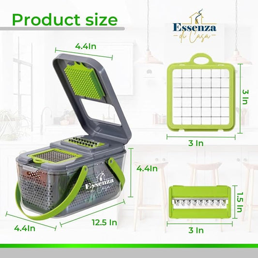 Vegetable Chopper 12-in-1 – Multifunctional Veggie Slicer Cutter Dicer with Container, Hand Guard & Draining Basket – Grey Food Chopper for Fast, Safe & Precise Vegetable Prep