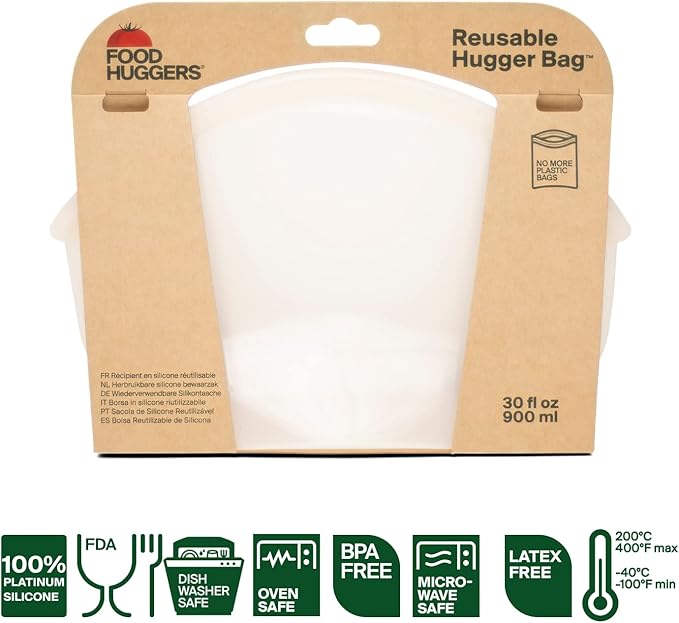 Food Huggers Hugger Bags Silicone Reusable Lunch & Snack Bag Durable Storage, BPA Free, Dishwasher & Freezer Safe, Stand-Up Resealable Produce Pouch | Large 30 fl oz, Clear