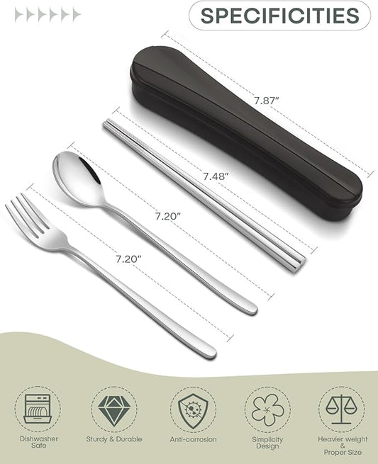 2 Pack Travel Utensils with Case, PHILIPALA Portable Reusable Silverware Set for Lunch Work Picnic, 18/8 Stainless Steel Camping Cutlery Set Includes Fork Spoon Chopsticks(Silver)