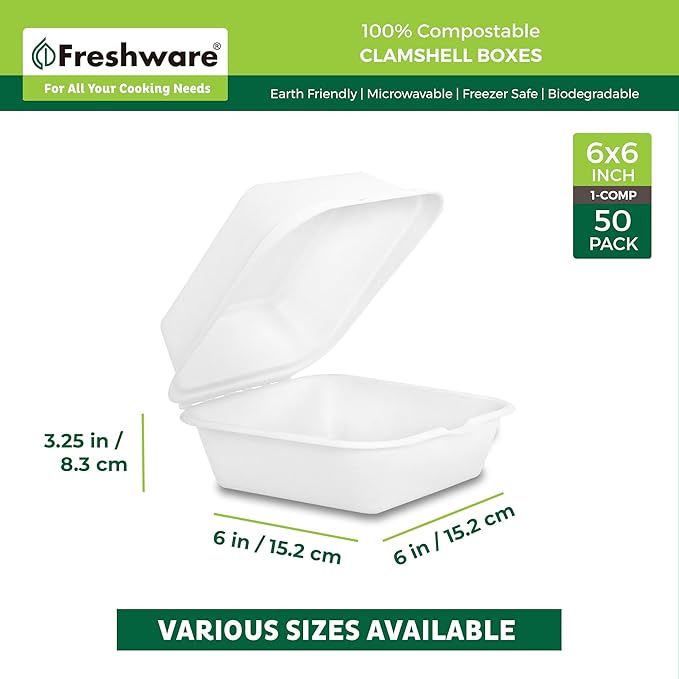 Freshware Compostable Clamshell Food Containers [6x6" 50-Pack], Biodegradable Sugarcane To Go Boxes - Heavy Duty Paper Containers - Microwave & Freezer Safe, Stackable