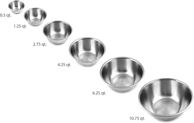 Nesting Stainless Steel Polished Mirror Finish Mixing Bowls Set, .5, 1.25, 2.75, 4.25, 6.25 and 10.75 Quart, Metallic, 6-Piece