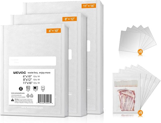 Wevac Vacuum Sealer Bags, 150 Gallon 11" x 16", and Quart 8" x 12" and Pint 6" x 10", 5 Liquid Block Bags & 5 Bone Guard Pieces, Heavy Duty for Food Storage, Sous Vide & Meal Prep, Wevac