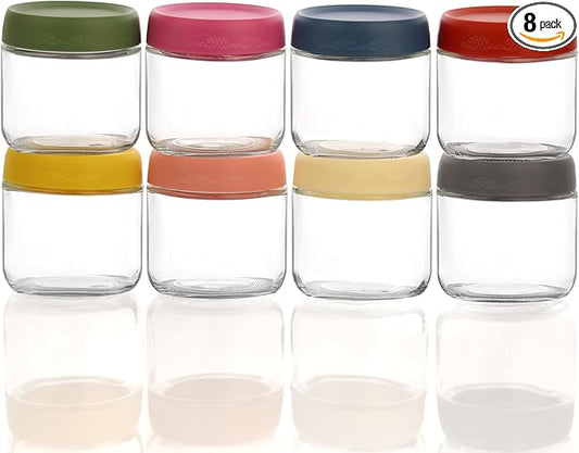 10 OZ Glass Food Jar Storage Containers with Airtight Lids, Reusable Wide Mouth Overnight Oats Glass Mason Jars for Snacks Yogurt Pudding(Multicolor 8pack)