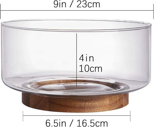LiTY Glass Salad Bowl Set, 9″ Medium Salad Servers with Acacia Wood Base and Salad Serving Utensils, for Party, Fruits, Popcorn, Chips, Pasta, Kitchen Must-Have
